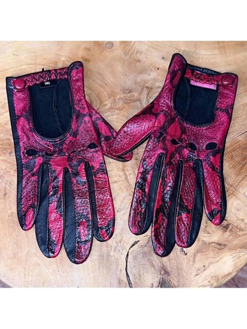 Betsy Johnson Pink and Black Snake Print Leather Biker Gloves Size Small